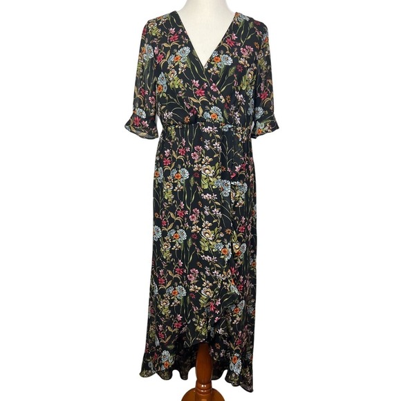 Jonathan Martin Black Floral V Neck Ruffle High/Low Maxi Dress Whimsy Fairy L - Picture 1 of 10